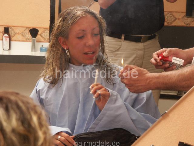 9005 Fabienne blonde teen by old Iraq barber forward shampooing and shave attempt in XXL velcro closure cape SLIDESHOW