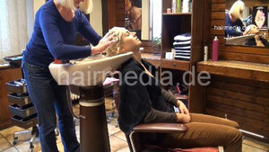6144 SamanthaS blonde 1 backward wash hair shampooing in vinage hairsalon by mature barberette