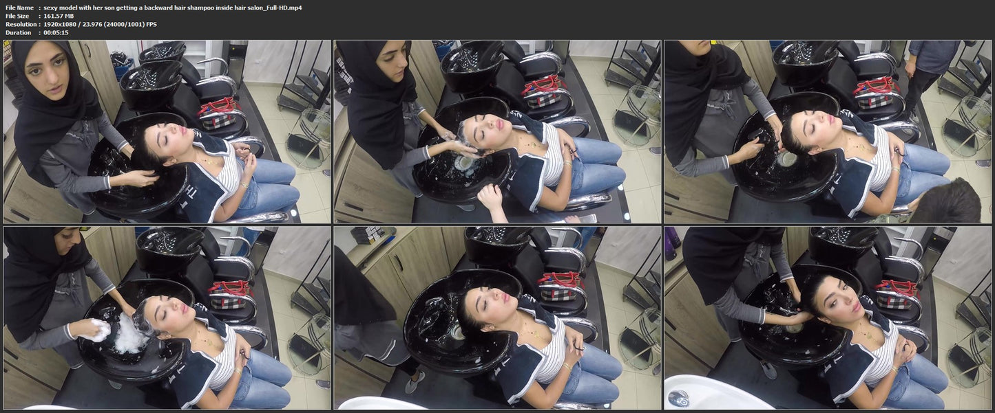 1062 sexy model with her son getting a backward hair shampoo inside hair salon
