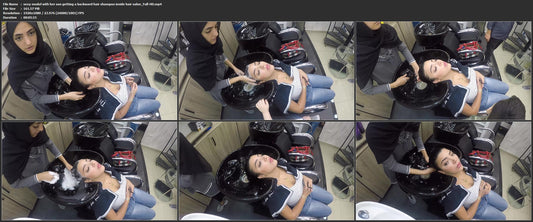 1062 sexy model with her son getting a backward hair shampoo inside hair salon