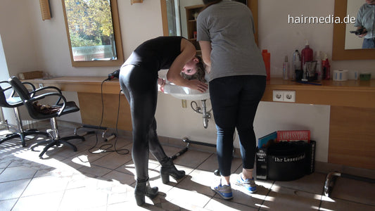 9079 Veronique 2 forward shampoo hairwash in leather pants by Imany