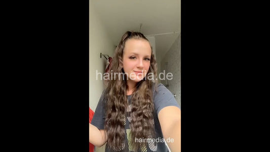 1076 DeniseM curly hair self shampooing at home over bath tub and braiding