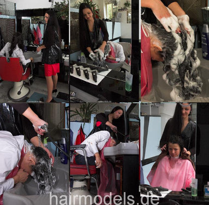 137 Sarka wash forward shampoo in grey bowl and blow by Luzia in vinyl cape and apron