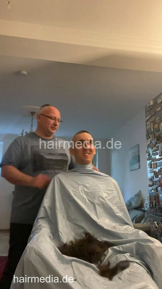 2012 230520 salon buzzcut headshave in blue pvc cape