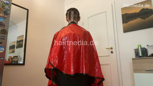 2012 230722 home salon buzz headshave in red pvc cape