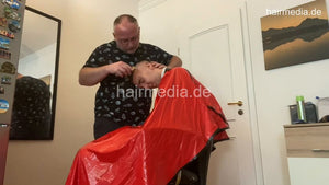 2012 230722 home salon buzz headshave in red pvc cape