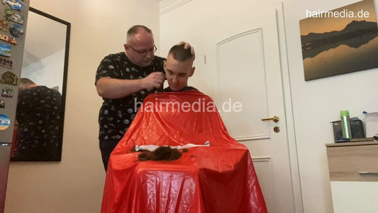 2012 230722 home salon buzz headshave in red pvc cape
