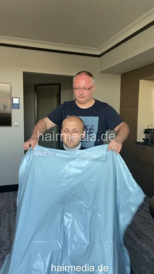 2012 230730 home salon buzz headshave in blue pvc cape