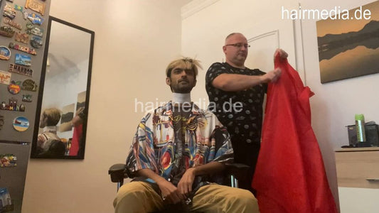 2012 230806 home salon dry buzz headshave in red cape