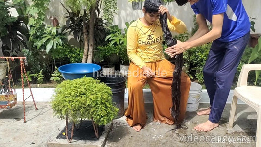 1242 241020 Indian Rapunzel long hair wash outdoor by barber forward
