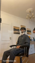 Cargar imagen en el visor de la galería, 2012 230605 home salon long and thick black hair buzzcut headshave and bleach in blue pvc cape