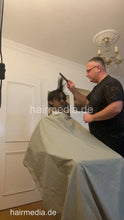 将图片加载到图库查看器，2012 230605 home salon long and thick black hair buzzcut headshave and bleach in blue pvc cape