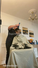 Cargar imagen en el visor de la galería, 2012 230605 home salon long and thick black hair buzzcut headshave and bleach in blue pvc cape