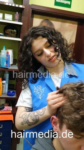 Nathan fake haircut by his curly girlfriend Valenting in apron