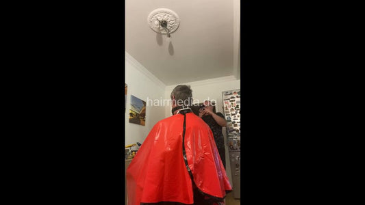2012 20250809 headshave buzz and shaving cream raincoat