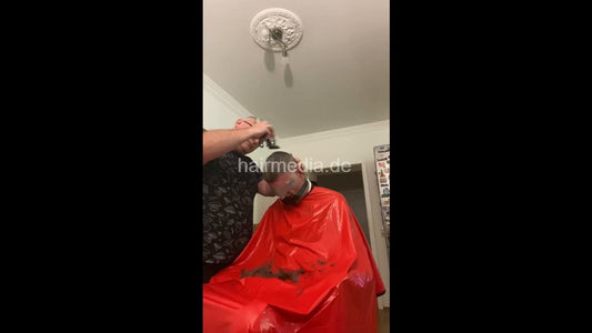 2012 20250809 headshave buzz and shaving cream raincoat
