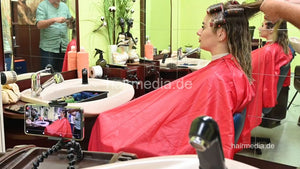 2303 VanessaH 3 chewing metal rollers wetset and hood dryer by barber in red cape