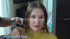 1213 Anastasia cut and foam perm yellow push button cape in salon