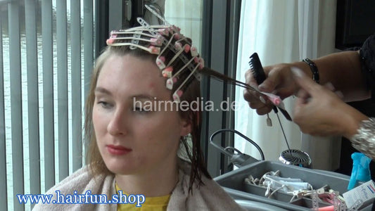 1213 Anastasia cut and foam perm yellow push button cape in salon
