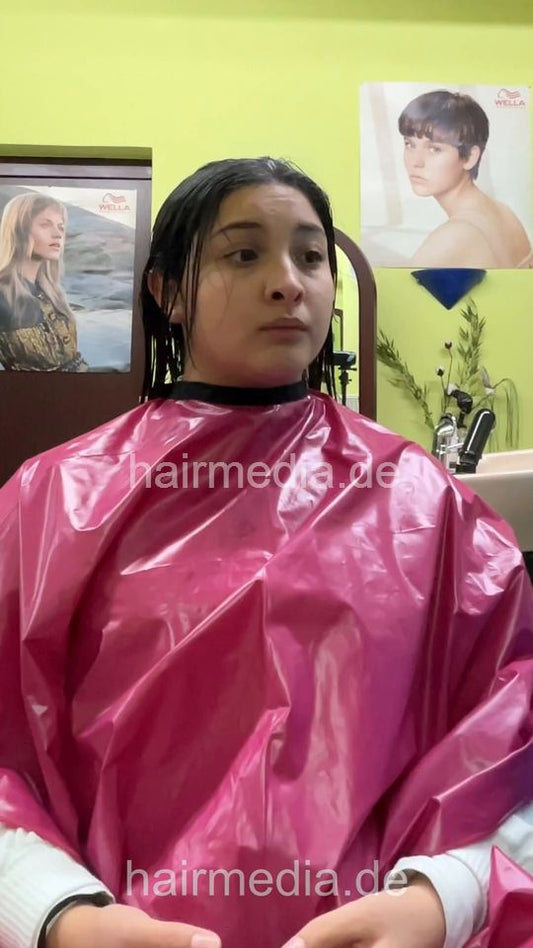 6231 AntoniaMZ by Nora 2 teen barberette student wetset in blue apron - vertical video
