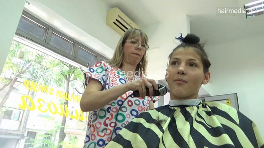 8402 Bojana chewing teen 1 undercut in barbershop by female barber JelenaB