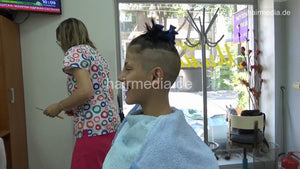 8402 Bojana chewing teen 2 headshave, knife and shaving cream in barbershop by female barber JelenaB