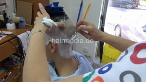 8402 Bojana chewing teen 2 headshave, knife and shaving cream in barbershop by female barber JelenaB