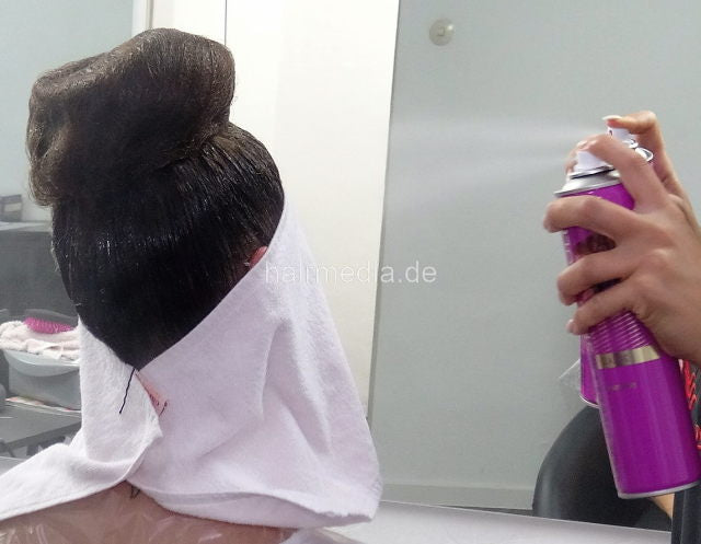 2206 Sari in black skirt hairspray by Melody in red dress and dyeingapron