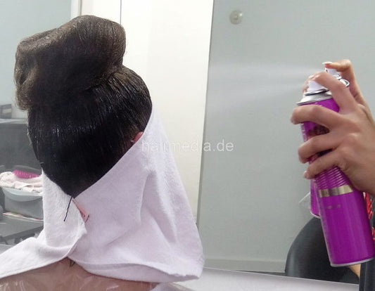 2206 Sari in black skirt hairspray by Melody in red dress and dyeingapron