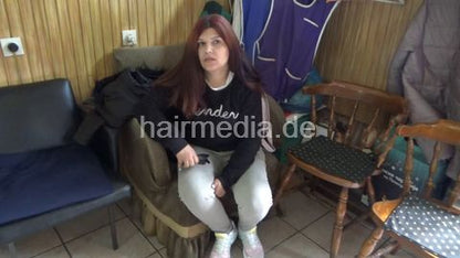 DanijelaD - new model, her very thick hair is colored in violet, then she is shampooed by old lady barber Ruzica. She has a haircut and foenen as well.