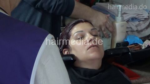 DanijelaD - new model, her very thick hair is colored in violet, then she is shampooed by old lady barber Ruzica. She has a haircut and foenen as well.