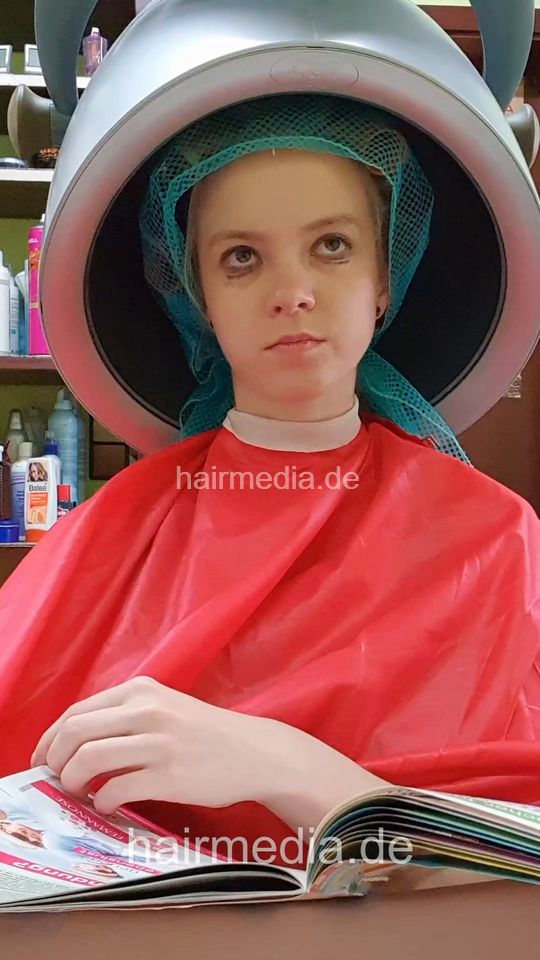 Emmi, teen 2 thick hair wetset and dryer torture by barber facecam vertical video