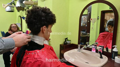 2303 young man Felipe controlled by mom Barbara forward shampoo and blow by barber