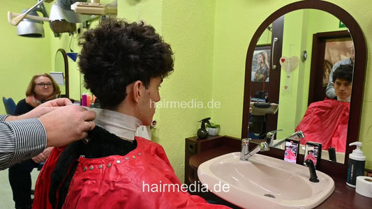 2303 young man Felipe controlled by mom Barbara forward shampoo and blow by barber