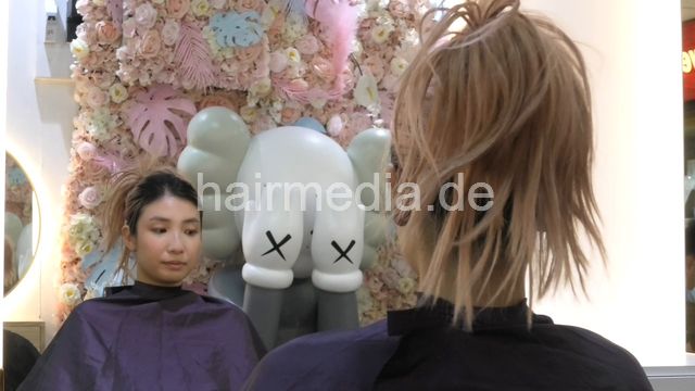 359 Kylie shampoo backward, haircare and blow out in black large cape