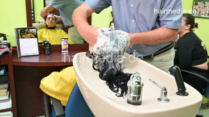 Lena 1 by barber shampooing backward long dry hair controlled by Valentina