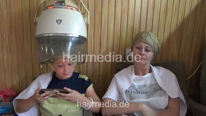 Family Perm Day daughter teen MagdaP shampoo by barber and wetset by barberette