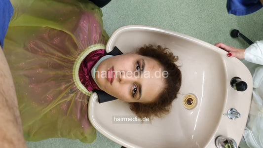 1254 Nora by LisaMW haircut and shampoo in curlers and white apron - ceilingcam