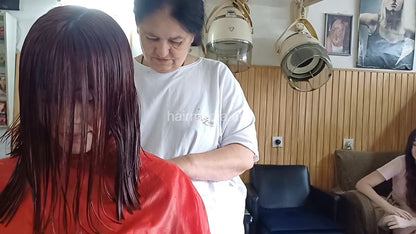 6235 partials mom and girls Slobodanka - teen, also with very thick and red hair. Shampooed by barber, haircut and blow