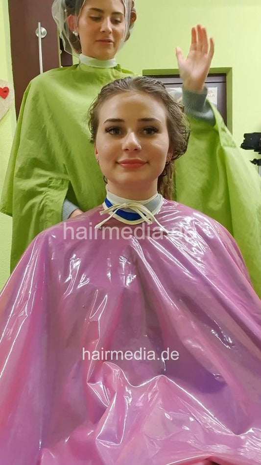 6223 VanessaH 2 multicaped haircut and blow by caped MichelleH in rollers  vertical video