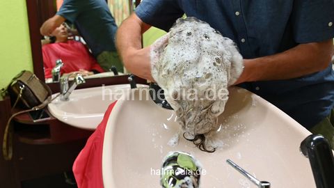 Hafida blonde thick hair backward shampoo mature lady by barber