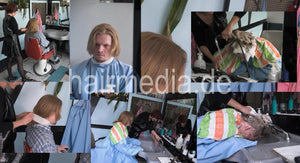 239 Benny 1 long hair guy in XXL cape shampooing forward manner in barbershop