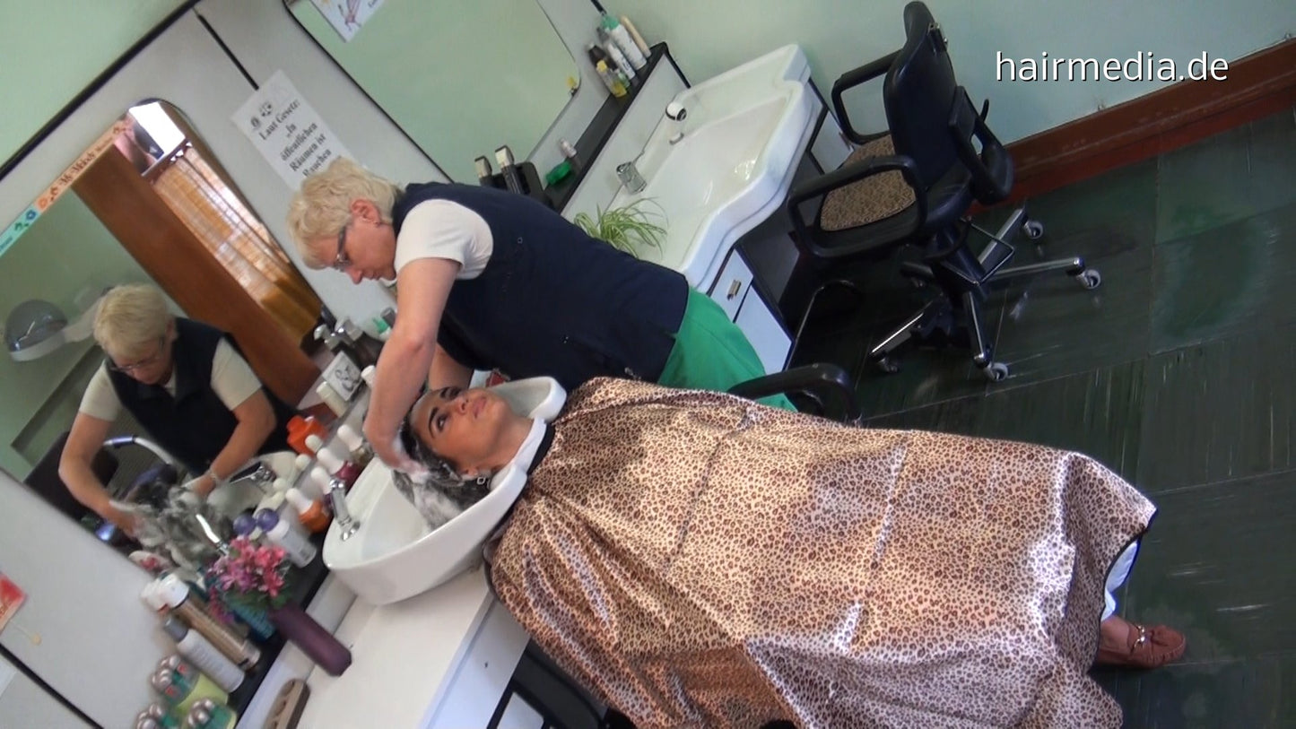 368 FatmaY by barberette in tiger cape long black hair salon backward washing