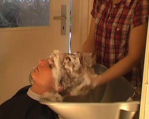 1213 Home shampooing backward rich lather hair and ear in moblie grey sink by bob barberette