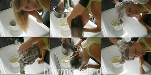9118 Anna hairwash shampooing forward over bathtub by barber at home