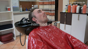 2017 Niclas chewing 1 backward shampoo 3x by barber in red vinyl cape hairwash MTM
