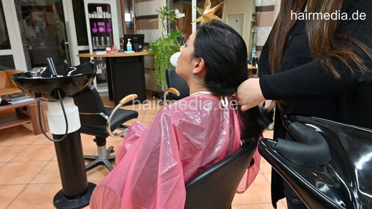 1223 2 Lydia by Olivia backward shampooing in pink latex cape tie closure