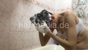 1153 Natasha Ukraine 210328 self home hair shampooing over bathtub and rollerset