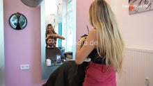 Laden Sie das Bild in den Galerie-Viewer, 1209 Zoya serving male customer cousin 2 haircut in salon red skirt