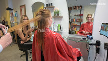 Carica l&#39;immagine nel visualizzatore di Gallery, 1197 13 SabineK 2 by Zoya haircut and wait for perm in red PVC cape